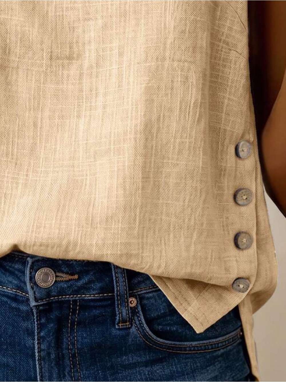 Linen-Blend Square Neck Tank Top in Beige - Picture 3 of 3